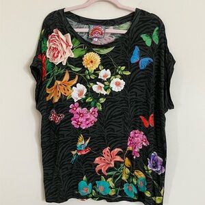 Johnny Was Black Floral and Butterfly Top